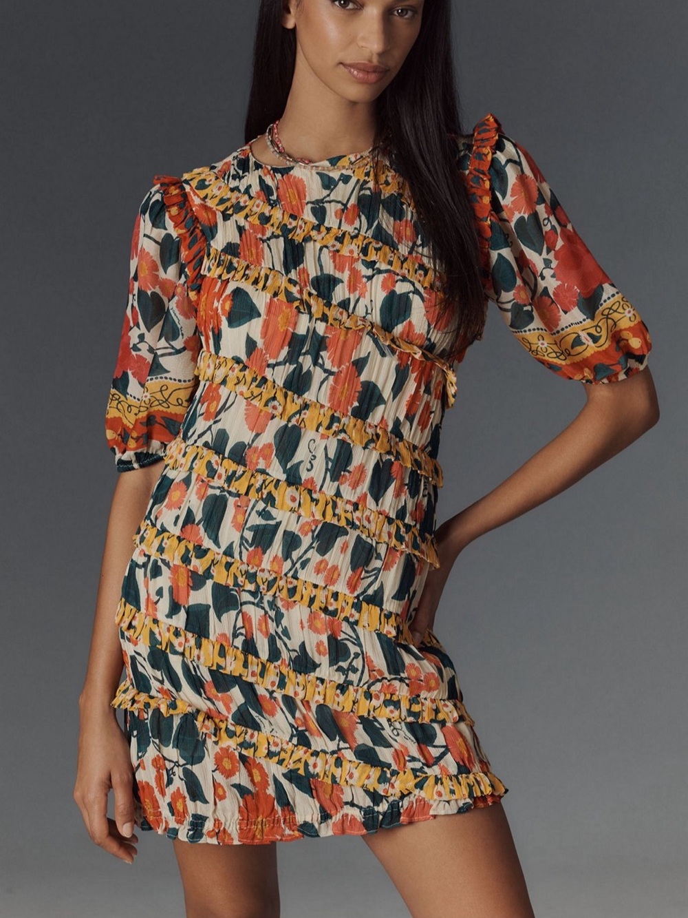 Farm Rio x Anthropologie Puff-Sleeve Fitted Mini Dress.